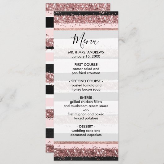 Girly Roos Gold Pink Black Glitter Stripes Patroon Menu (Voorkant / Achterkant)