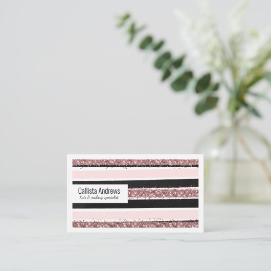 Girly Roos Gold Pink Black Glitter Stripes Patroon Visitekaartje (Staand voorkant)