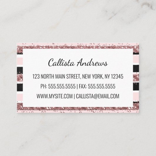 Girly Roos Gold Pink Black Glitter Stripes Patroon Visitekaartje (Achterkant)
