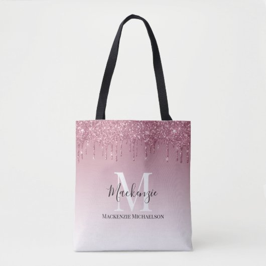 Girly Roos Gold Pink Glitter Monogram Naam Draagtas (Voorkant)