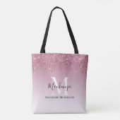 Girly Roos Gold Pink Glitter Monogram Naam Draagtas (Achterkant)