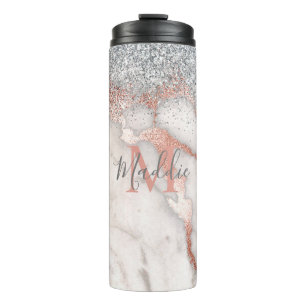 Girly Roos Gold Silver Marble Monogrammed Naam Thermosbeker