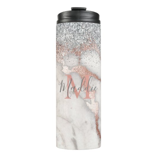 Girly Roos Gold Silver Marble Monogrammed Naam Thermosbeker (Voorkant)