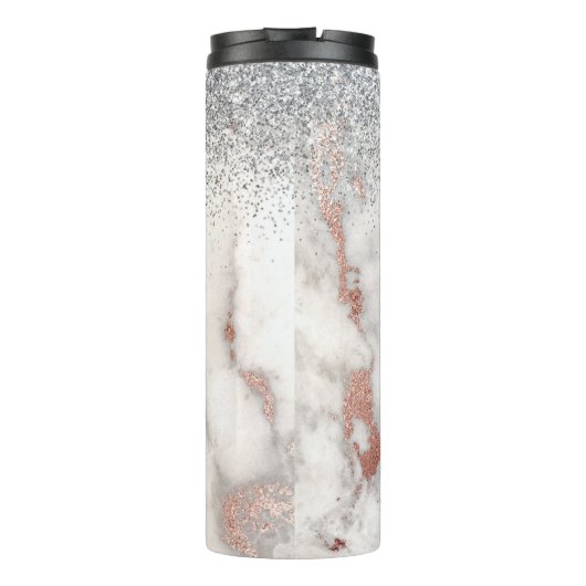 Girly Roos Gold Silver Marble Monogrammed Naam Thermosbeker (Achterkant)