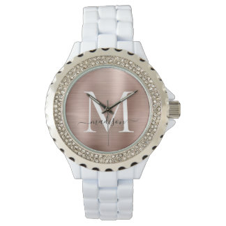 Girly Roos Goud Geborsteld Metalen Monogram Script Horloge