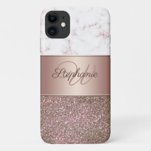 Girly Roos Gouden Glitter en Marmeren Monogram iPhone 11 Hoesje