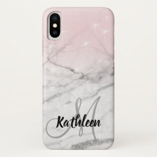 Girly Roos Pink Grey Marble Monogram Naam iPhone X Hoesje