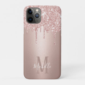 Girly Rose Gold Glitter Drips Script Name Monogram iPhone 11 Pro Hoesje