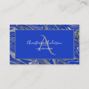 Girly Royal Blue Silver Marble Glitter Monogram Visitekaartje