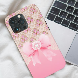 Girly  Roze Bloemen Rozen lint en kant iPhone 15 Pro Max Hoesje