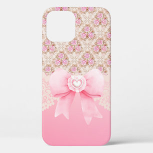 Girly Roze Bloemen Rozen lint en kant iPhone 12 Hoesje