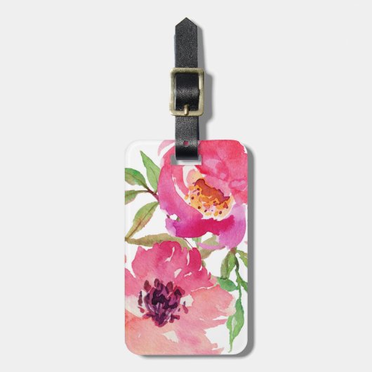Girly Roze Bloemen Waterverf Custom Bagagelabel (Voorkant verticaal)