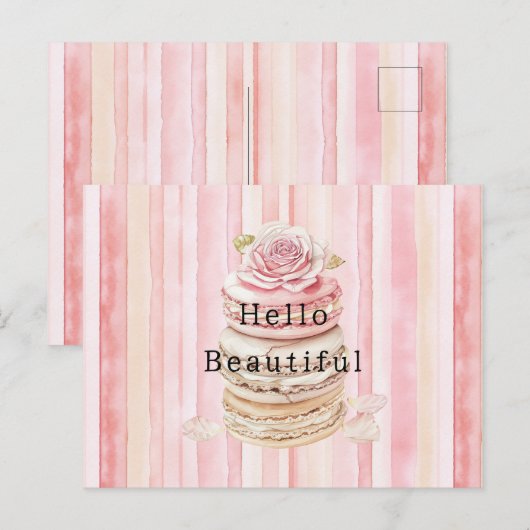 Girly Roze Blush Witte Strepen Macarons Briefkaart (Voorkant / Achterkant)