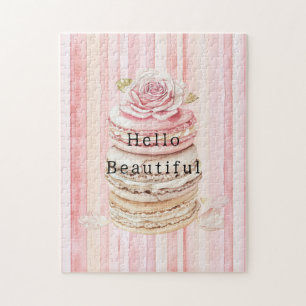 Girly Roze Blush Witte Strepen Macarons Legpuzzel