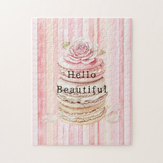 Girly Roze Blush Witte Strepen Macarons Legpuzzel (Verticaal)