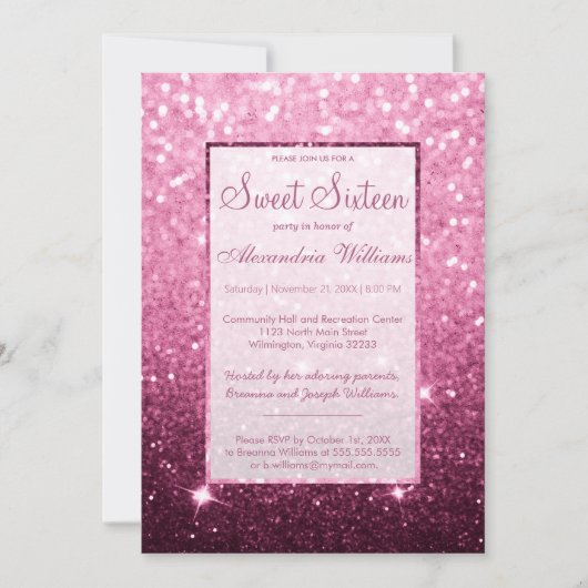 Girly roze bordeaux faux glitter bokeh Sweet 16 Kaart (Voorkant)