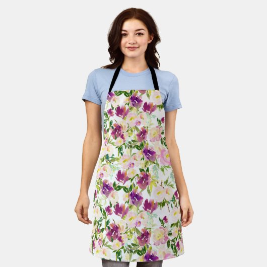 Girly Roze Bourgondische Waterverf Bloemen Schort (Gedragen)