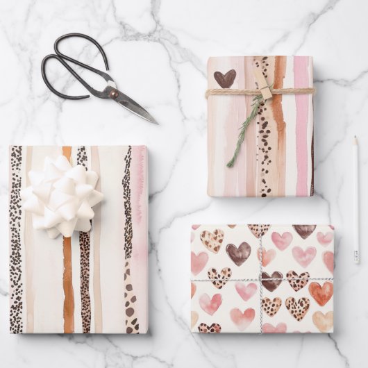 Girly Roze Bruin Luipaard Print Harten Verjaardag Inpakpapier Vel (Voorkant)