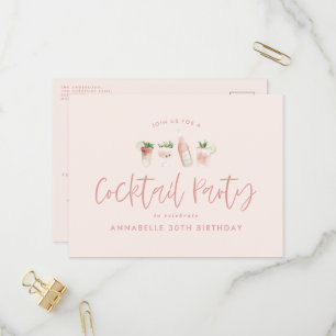 Girly roze cocktail stijlvol verjaardagsfeestje uitnodiging briefkaart