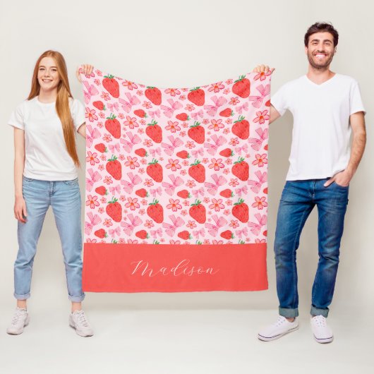 Girly Roze Coquette Bow Aardbei Custom Name Fleece Deken (In situ)