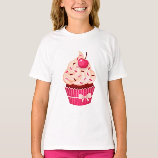 Girly Roze Cupcake met bestrooit en Kers T-shirt (Voorkant)