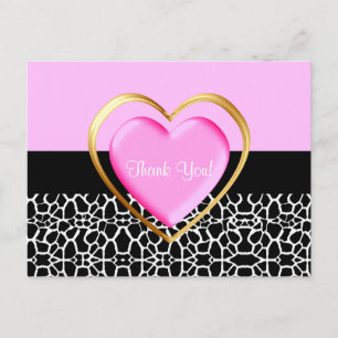Girly roze en gouden hart Dank u Briefkaart