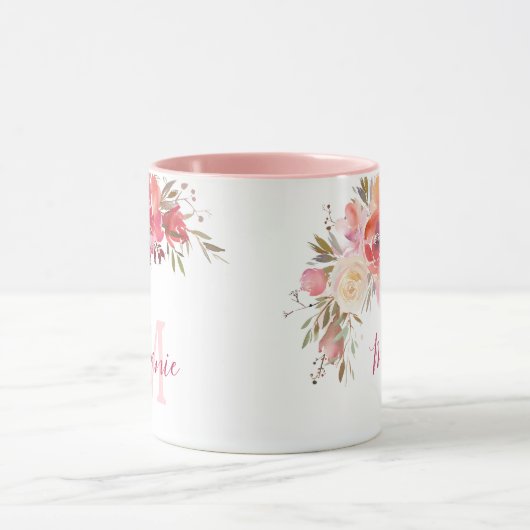 Girly Roze en Koraal Rozen Naam Monogram Mok (Midden)