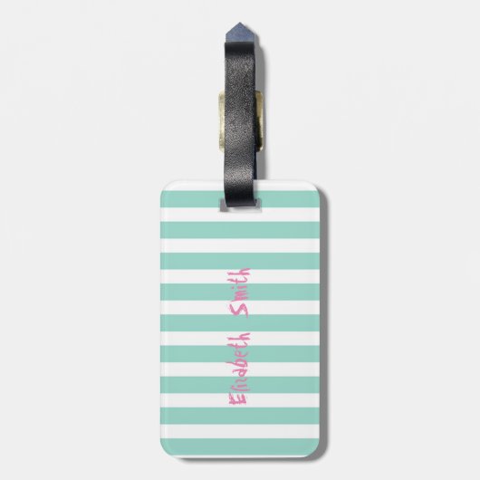 Girly roze flamingo on mint White Stripes Bagagelabel (Achterkant verticaal)