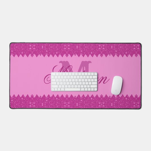 Girly roze glitter zigzag, monogram bureaumat (Keyboard & Muis)