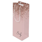 Girly Roze Goud Blozende Roze Glitter Monogram Wijn Cadeautas (Voorkant Gekanteld)