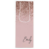 Girly Roze Goud Blozende Roze Glitter Monogram Wijn Cadeautas (Voorkant)
