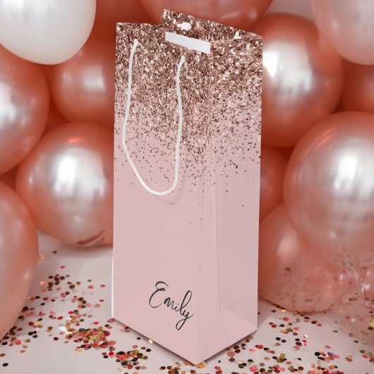 Girly Roze Goud Blozende Roze Glitter Monogram Wijn Cadeautas
