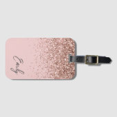 Girly Roze Goud Blush Roze Glitter Monogram Bagagelabel (Voorkant (horizontaal))