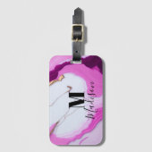Girly roze goud druppelt witte marmer monogram bagagelabel (Voorkant (verticaal))