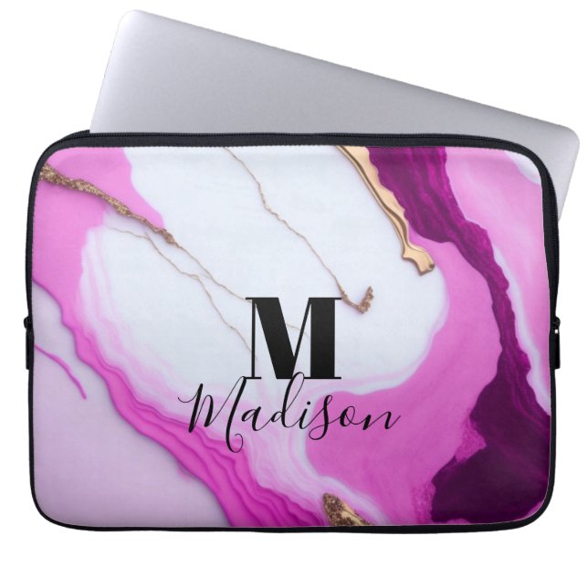 Girly roze goud druppelt witte marmer monogram laptop sleeve (Voorkant)