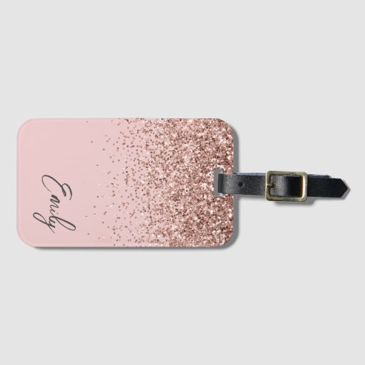 Girly Roze Goud Roze Roze Glitter Monogram Bagagelabel (Voorkant (horizontaal))