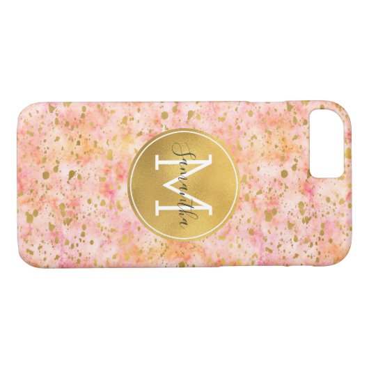Girly Roze Goud Waterverf Confetti Monogram Case-Mate iPhone Case (Achterkant (Horizontaal))