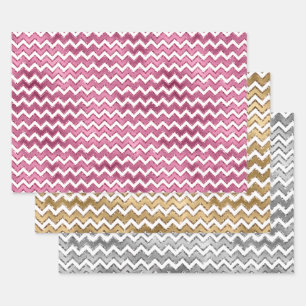 Girly Roze Goud Zilver Wit Zigzag Stripes Inpakpapier Vel