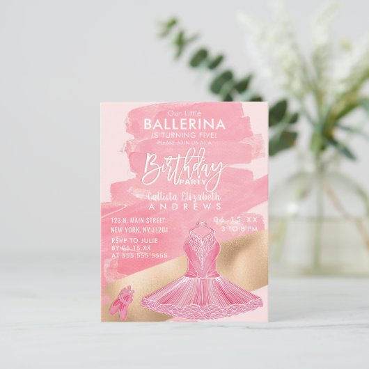 Girly Roze Gouden Ballerina Brushstrokes Verjaarda Uitnodiging Briefkaart (Staand voorkant)