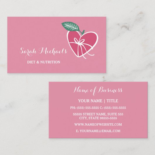 Girly Roze Hart Appel Met Boog Dieet En Voeding Visitekaartje (Voorkant / Achterkant)