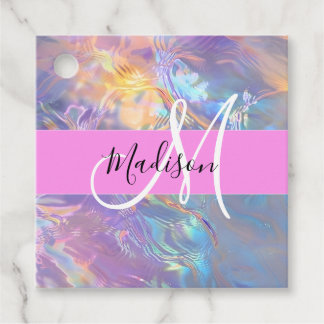 Girly roze holografische iriserende monogram naam bedankjes labels