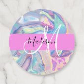 Girly roze holografische iriserende monogram naam bedankjes labels (Achterkant)