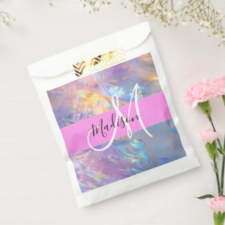 Girly roze holografische iriserende monogram naam bedankzakje