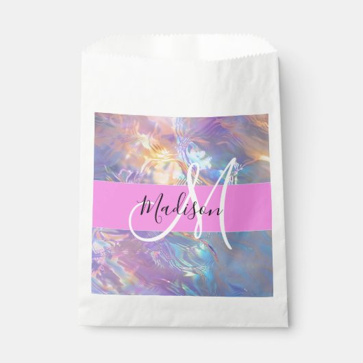 Girly roze holografische iriserende monogram naam bedankzakje (Voorkant)