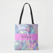 Girly roze holografische iriserende monogram naam draagtas (Voorkant)