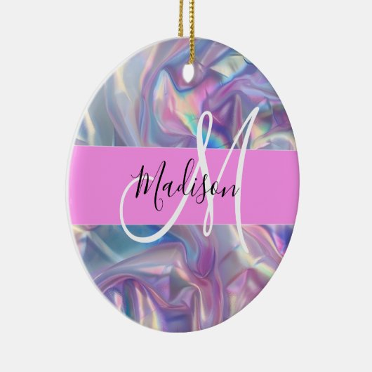 Girly roze holografische iriserende monogram naam keramisch ornament (Rechts)