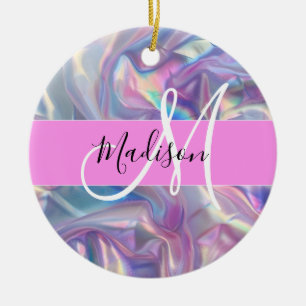 Girly roze holografische iriserende monogram naam keramisch ornament