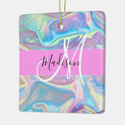 Girly roze holografische iriserende monogram naam keramisch ornament (Links)
