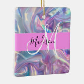 Girly roze holografische iriserende monogram naam keramisch ornament (Rechts)
