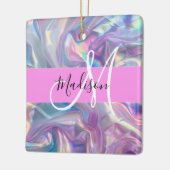 Girly roze holografische iriserende monogram naam keramisch ornament (Links)